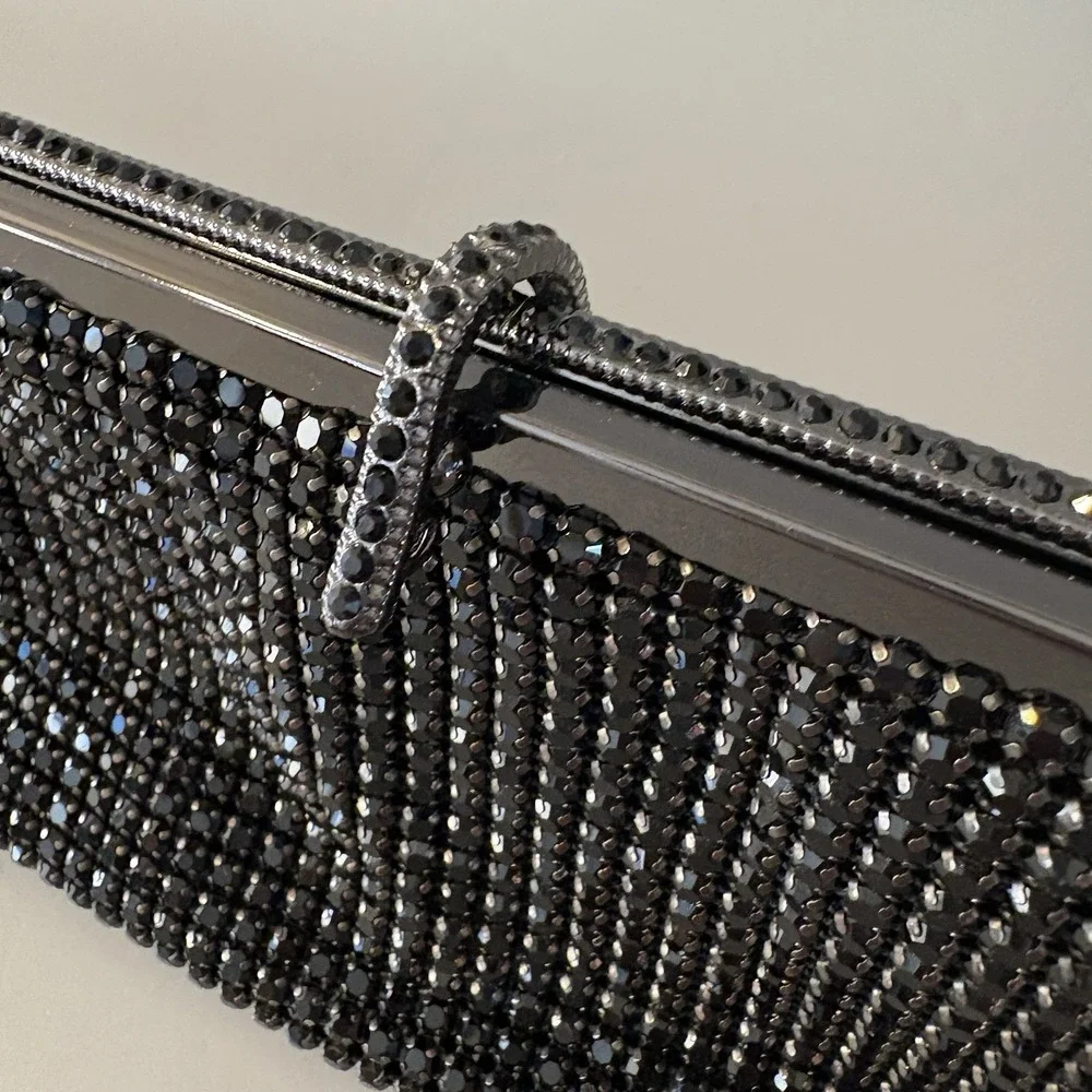NEW Natasha Crystal Evening Purse Clutch Black Convertible Prong Set Stones